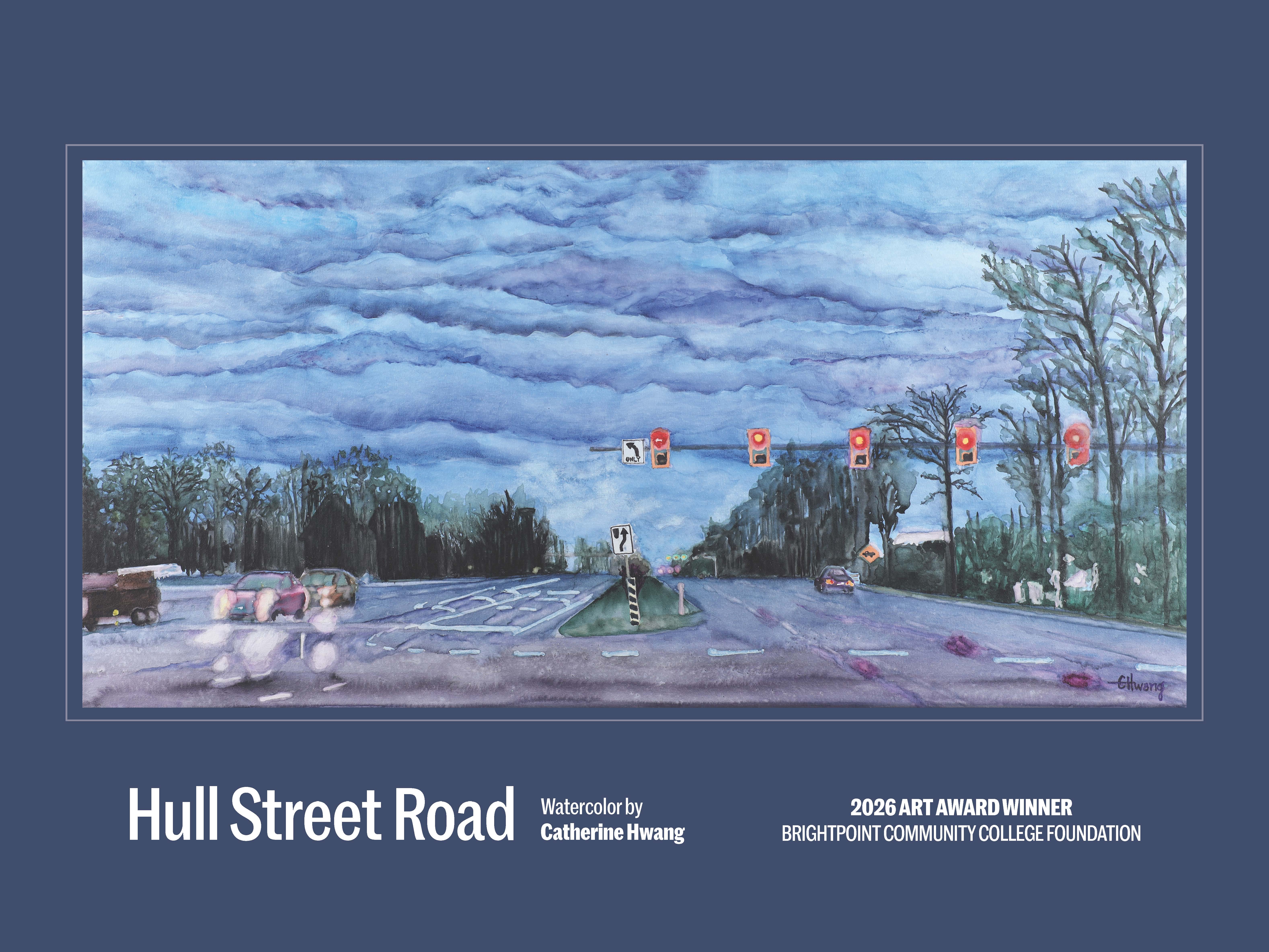Poster featuring a watercolor painting of a wet roadway with car headlights and traffic signal lights reflecting in the water while rain clouds billow overhead.
