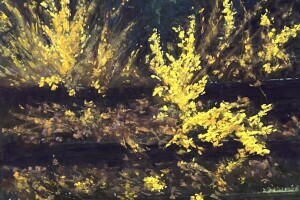 Breaking Through the Darkness by Joan Dreicer. Bright yellow vegetation blooms amid a dark background.