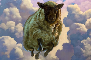 Sheep by Matt Lively. A sheep floats among purple clouds. 