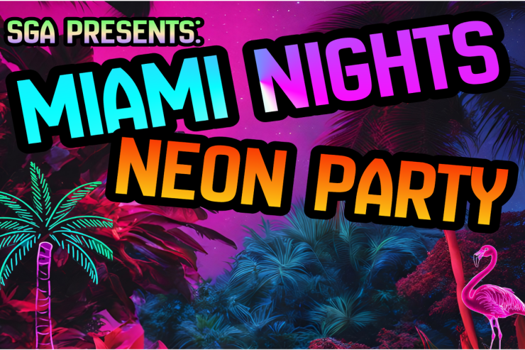 links to A tropical background features bright neon text that says, 