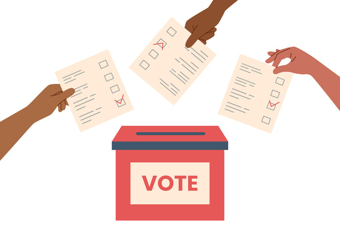 links to Illustration of three hands in varying skin tones holding ballots with different options checked going in to a bright red voting box. 
