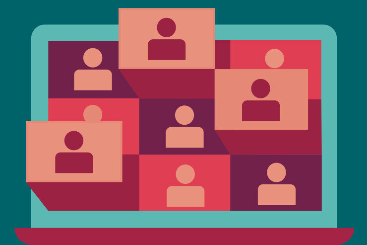 links to Illustration of laptop with tiles of people on a Zoom call in tones of peach, red, and coral on a deep teal background. 