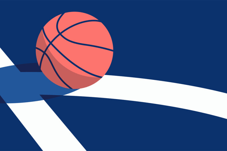 links to Illustration of a basketball rolling across a dark blue court marked with white lines. 