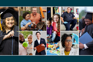 Collage of images showing a variety of people celebrating their successes and experiences along with people learning in Brightpoint classrooms.