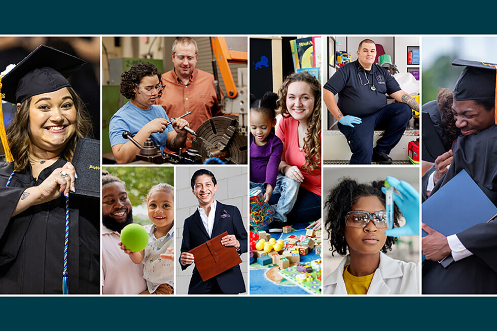 Collage of images showing a variety of people celebrating their successes and experiences along with people learning in Brightpoint classrooms.