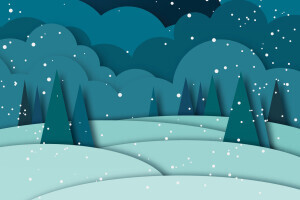 A winter background with trees and snowfall. 