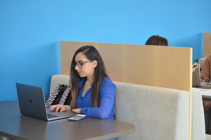 links to An individual types on their laptop while on the Midlothian Campus. 