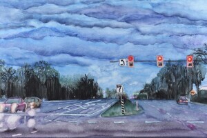 Watercolor painting of a wet roadway with car headlights and traffic signal lights reflecting in the water while rain clouds billow overhead