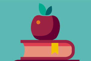 An illustration with a teal background and a burgundy and coral book, with a dark red apple sitting on top. 