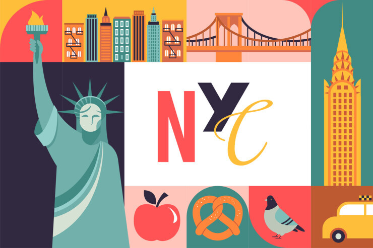 links to Brightly colored illustration of New York City icons like the Statue of Liberty, Brooklyn Bridge, Empire State Building, large pretzel, pigeons and a yellow taxi cab. 