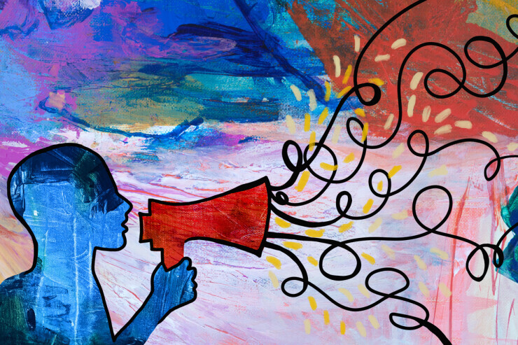 links to An illustration of a person standing far left with a megaphone raised to their mouth.  The background is colorful, and swirls come out of the megaphone, indicating the sharing of ideas.  