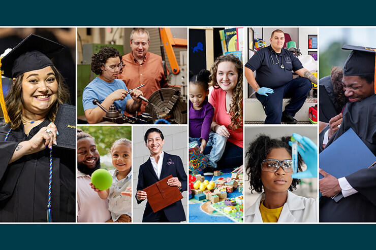 Collage of images showing a variety of people celebrating their successes and experiences along with people learning in Brightpoint classrooms.