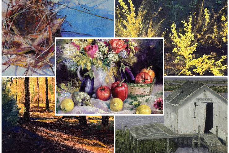 links to A collage of pastel still life images, including a birds nest, bright yellow flowers, a wooded area, a small building on a dock overlooking a marsh, and flowers in vase surrounded by fruit and a fabric.  