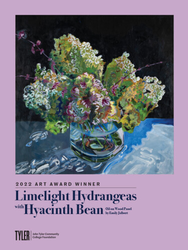 An oil-on-wood painting of hydrangeas. 