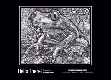 A black-and-white drawing of a frog that uses only lines and shapes. 