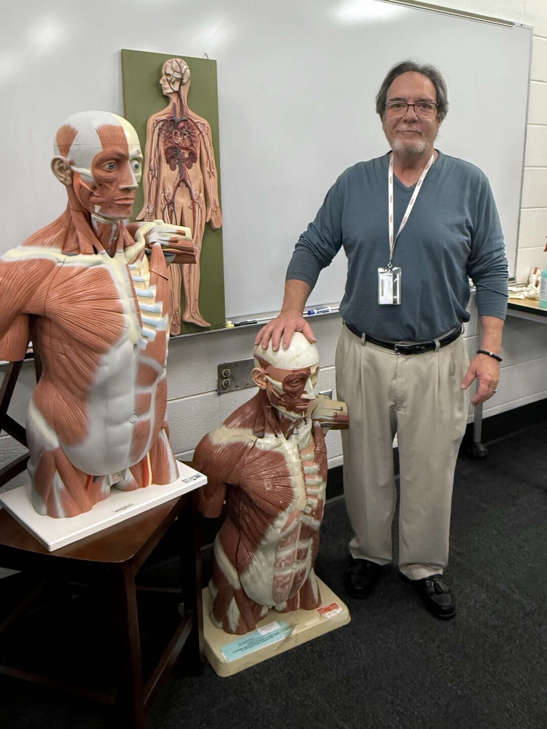 Rick Sikon in a classroom at the Chester Campus surrounded by 3D anatomical models of muscle, bone and veins. 