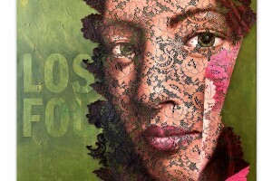 A painting by Elizabeth Coffey. A painting of a woman's face appears half-hidden by lace. 