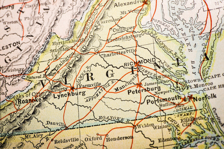 links to A close-up of a vintage Virginia map, showing cities like Petersburg and Richmond.