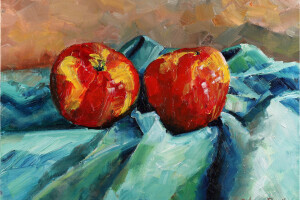 Painting of two apples sitting on a table with cloth.